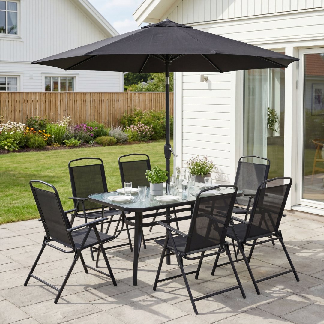 Komplett uteserveringssett med 6 stoler og parasoll + Rengjøringsspray for utemøbler Komplett uteserveringssett med 6 stoler og parasoll + Rengjøringsspray for utemøbler