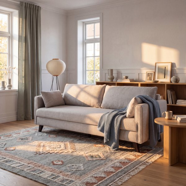 Liten sovesofa Bella - Beige 3-seter, 210 cm bred, stoff Neve 13 og st�tteben