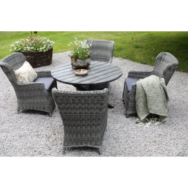 Spisegruppe Mercury: Scottsdale rundt bord inkludert 4 stk. Jacksonville lenestoler i gr kunstrotting + Tekstilimpregnering for utembler