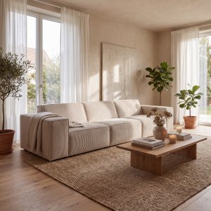 Beige modulsofa i kordfl�yelsstoff - 310 cm bred modell med 100 dybde og 74 h�yde