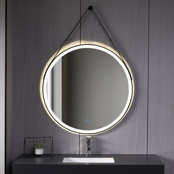 Rundt speil 60 cm med LED-belysning, antidugg og opphengsstropp