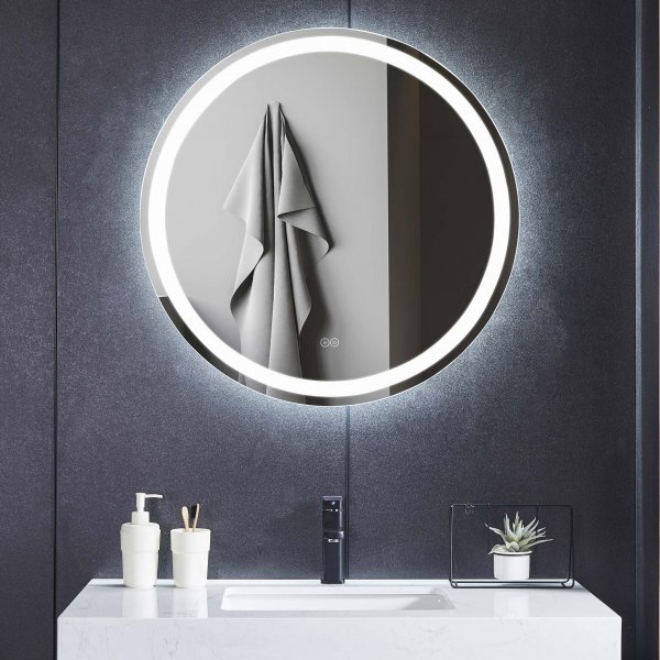 Rundt baderomsspeil 80 cm | LED-belysning, antidugg og dimmer