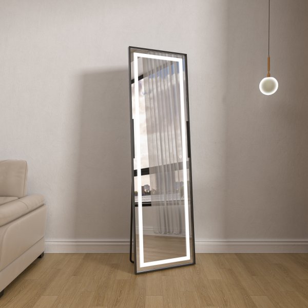 Stende speil med belysning - 170x50 cm - svart ramme