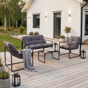 Utemøbler i gruppe - sofa, 2 lenestoler og salongbord - svart glass utendørs + Rengjøringsspray for utemøbler Utemøbler i gruppe - sofa, 2 lenestoler og salongbord - svart glass utendørs + Rengjøringsspray for utemøbler