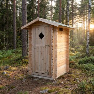 Utend�rs toalett i tre 128x102x217,8cm - Ventilasjon og v�rbestandig tak