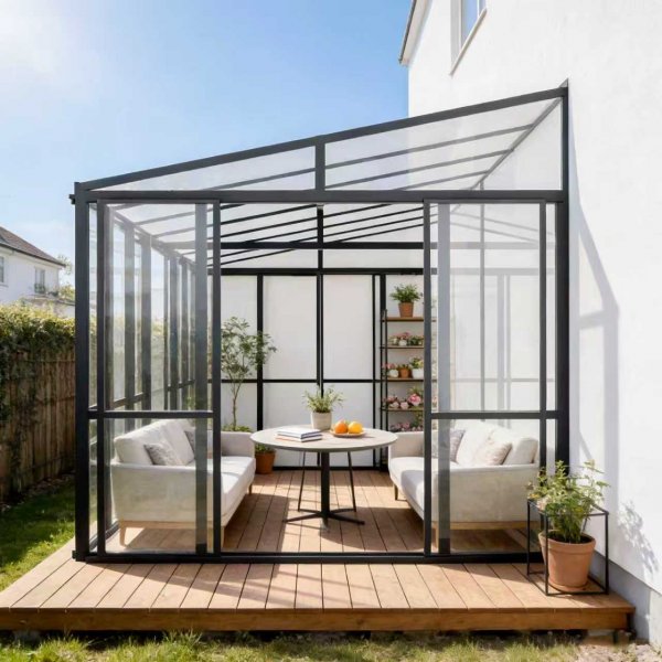 Vinterhage mot vegg i svart aluminium og glass med skyved�rer - 14 m�