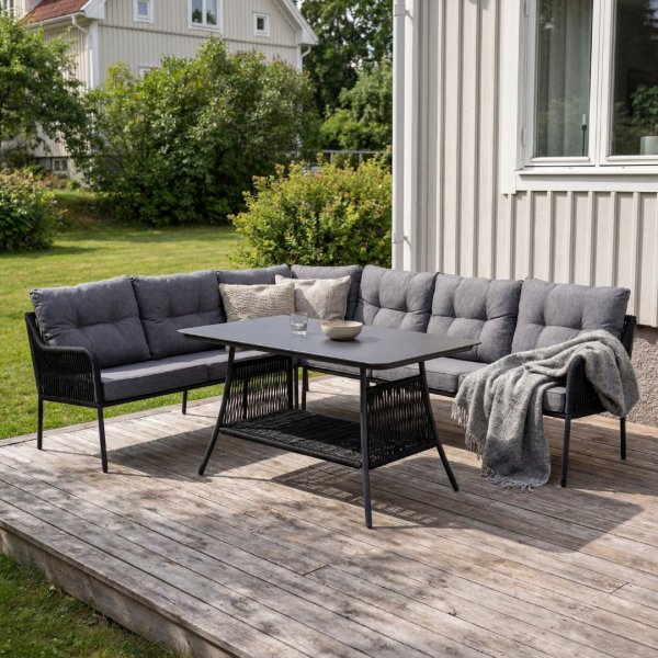 Hj�rnesofa svart med gr� puter - Berlin + M�belpleie