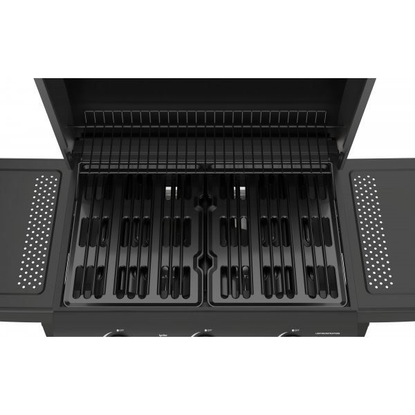 Gassgrill med lokk og varmerist - 3 brennere - svart