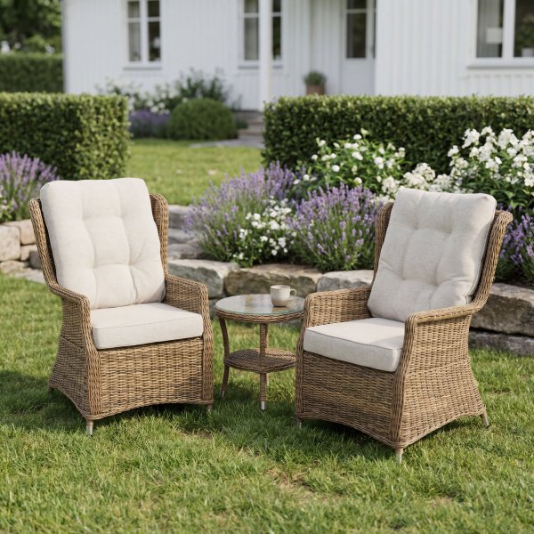 Sand� lenestolsett med bord - Naturfarget syntetisk rotting