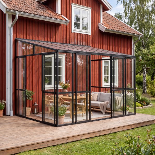 Veggmontert vinterhage - 10,1 m² og skyvedører i glass til balkong Veggmontert vinterhage - 10,1 m² og skyvedører i glass til balkong