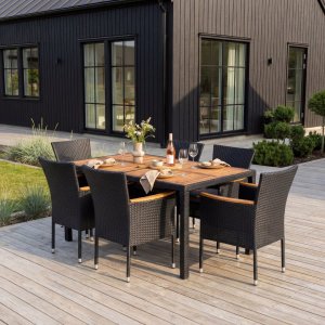 Texas utegruppebord 150 cm inkl. 6 stoler - svart/akasie + Rengj�ringsspray for utem�bler