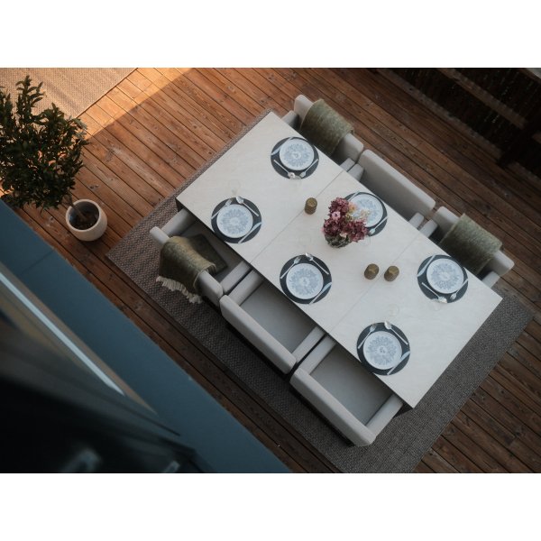 Spisegruppe 6 stoler + bord 215 cm + gr�/svart utend�rs spisegruppe + M�belpleie