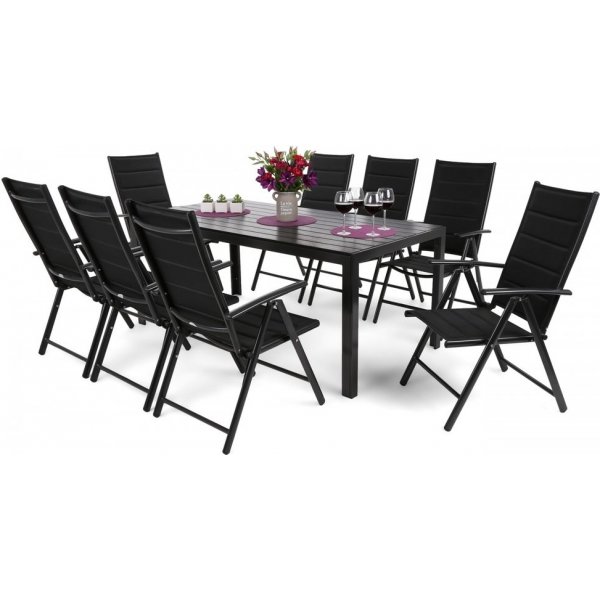 Utespisegruppe Ibiza bord 185cm + 8 stoler - Svart