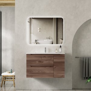 Baderomspakke 80 cm m�rkt tre Myktlukkende skuffer og LED-speil - Portofino