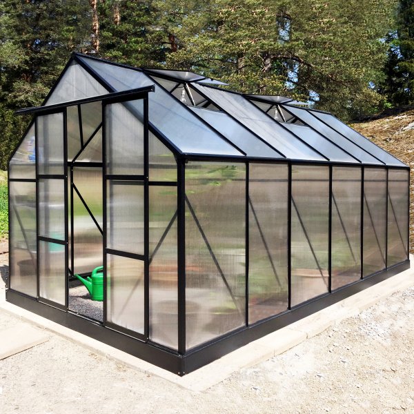 Drivhus 10,7 m | 6 mm kanalplast | Hy dyrkingshyde | Svart