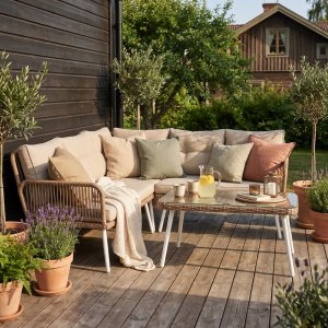 Loungegruppe kunstig rotting naturlig/beige med bord - Ibiza + Flekkfjerner for møbler Loungegruppe kunstig rotting naturlig/beige med bord - Ibiza + Flekkfjerner for møbler