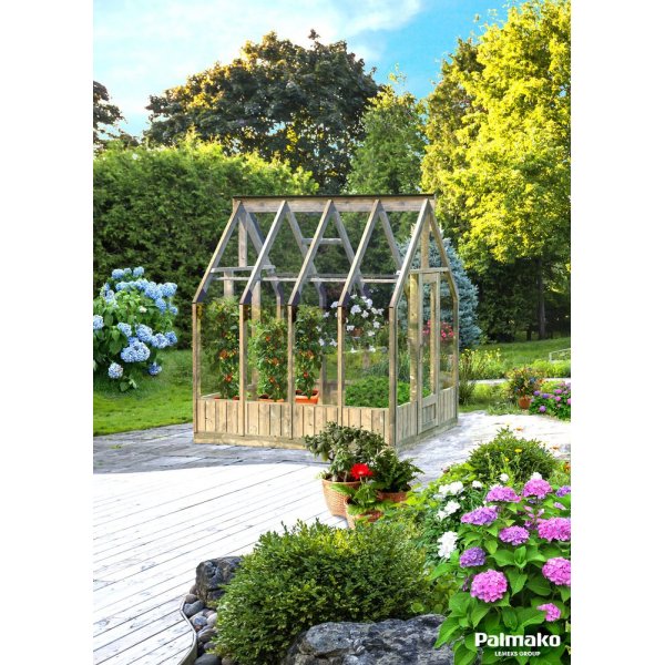 Drivhus Emilia med fundament 5,4 m² – Gråbehandlet tre - Herdet glas Drivhus Emilia med fundament 5,4 m² – Gråbehandlet tre - Herdet glas
