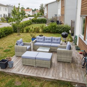 Stor loungegruppe 7 deler | Sofa, lenestoler, bord og krakker | Gr�