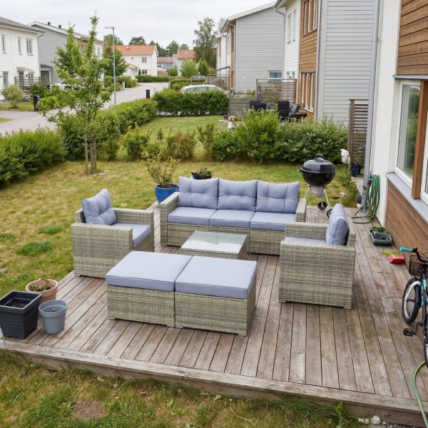 Stor loungegruppe 7 deler | Sofa, lenestoler, bord og krakker | Gr� + Flekkfjerner for m�bler