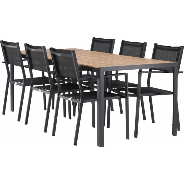 Matvaregruppen i Chania; 6 Copacabana-stoler med spisebord 205 x 90 cm - Svart/natur + Tekstilimpregnering for utembler