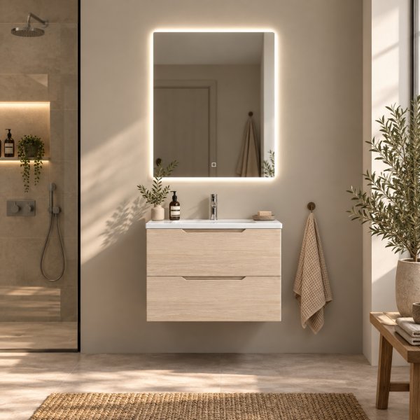 Baderomspakke 60 cm Lys treimitasjon med LED-speil - Vega + 2.00 x Baderomskrok Baderomspakke 60 cm Lys treimitasjon med LED-speil - Vega + 2.00 x Baderomskrok