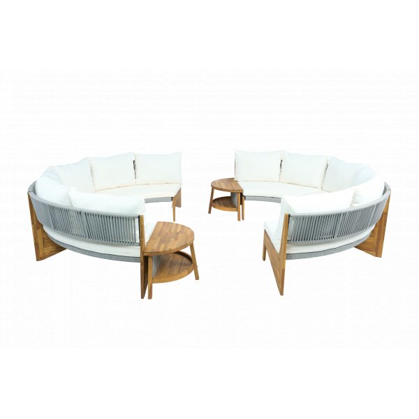 Rundt sofasett med bord | To sofaer i tau og akasietre | Kremfarget