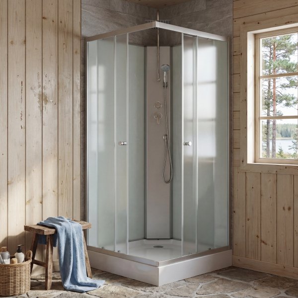 Dusjkabinett 80�80x205 cm | Hvitt glass og helt lukket | Aether