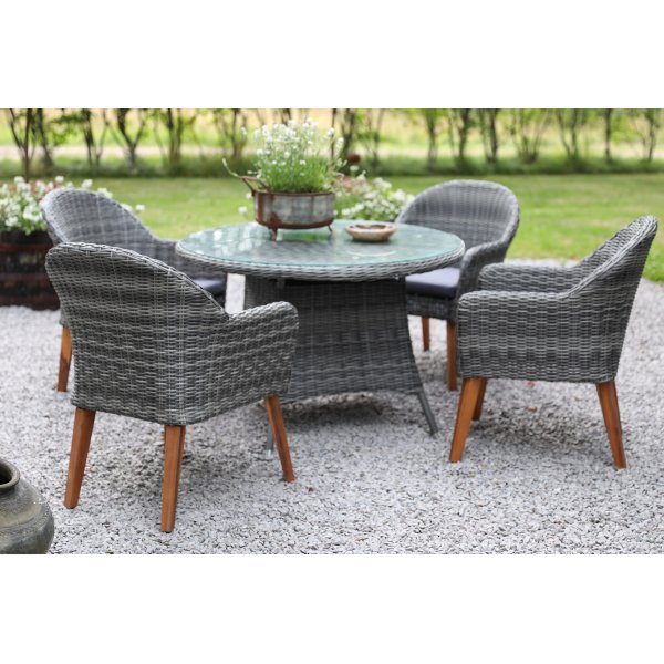 Jacksonville utendrs spisegruppe; 110 cm rundt bord inkl. 4 stk. Valetta lenestoler i gr kunstrotting + Tekstilimpregnering for utembler