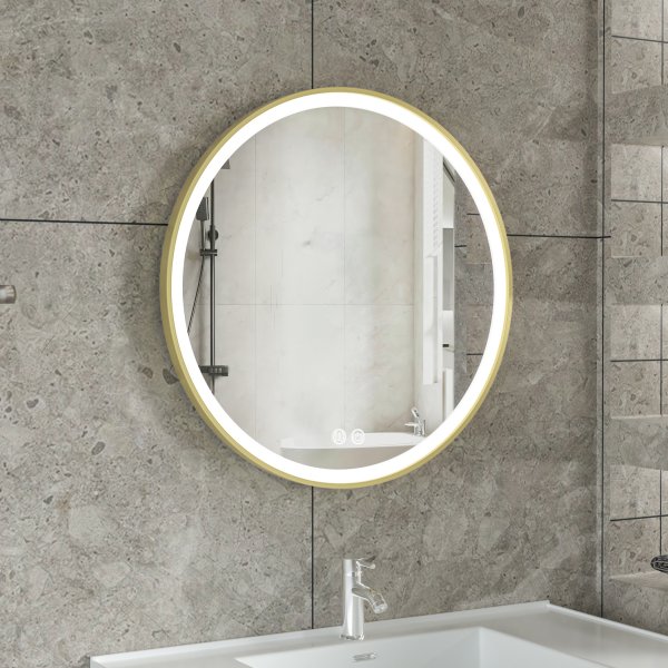 LED-speil 60x60 cm med gullfarget aluminiumsramme og antiskjt