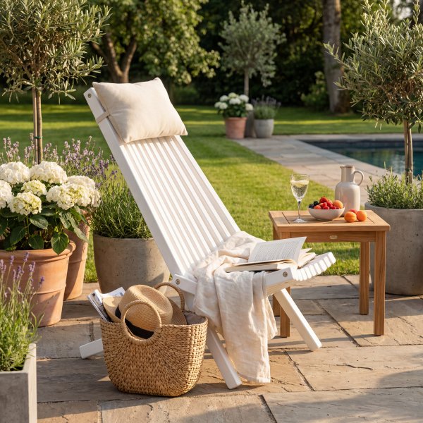 Hvit solseng i tre med nakkepute - Lounge for terrasse og hage Hvit solseng i tre med nakkepute - Lounge for terrasse og hage