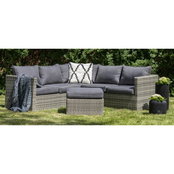 Ingelstorp hjrnesofa med fotskammel - Gr kunstrotting