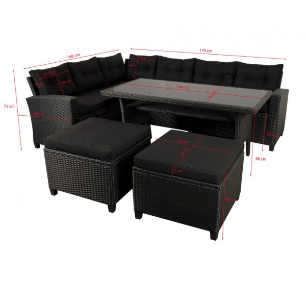 New York utend�rs gruppe; hj�rnesofa med bord og fotskammel - Sort kunstrotting