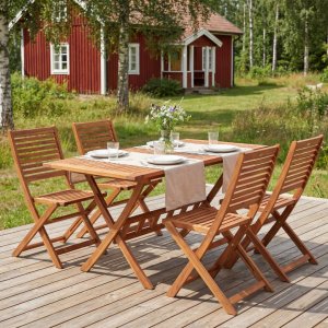 Sammenleggbart hagespisebord med oljebehandlet naturfarge og 4 stoler - FSC-sertifisert