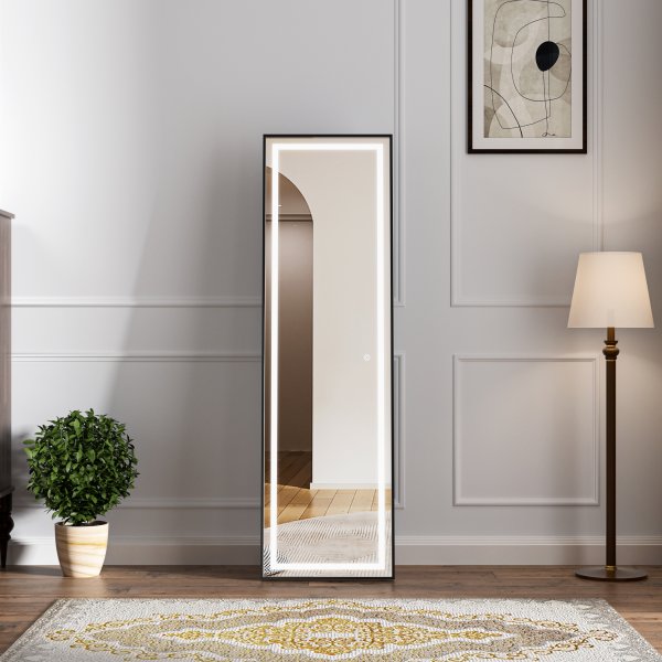 Stende speil med belysning - 170x50 cm - svart ramme