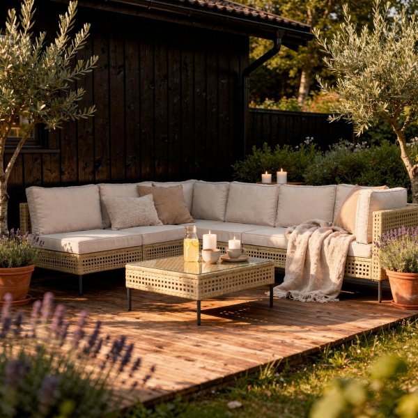Stor utend�rs hj�rnesofa med bord | Loungesett i kunstrotting | Kremfarget