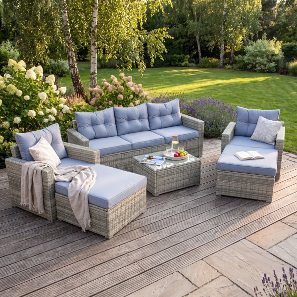 Stor loungegruppe 7 deler | Sofa, lenestoler, bord og krakker | Grå + Møbelpleie Stor loungegruppe 7 deler | Sofa, lenestoler, bord og krakker | Grå + Møbelpleie
