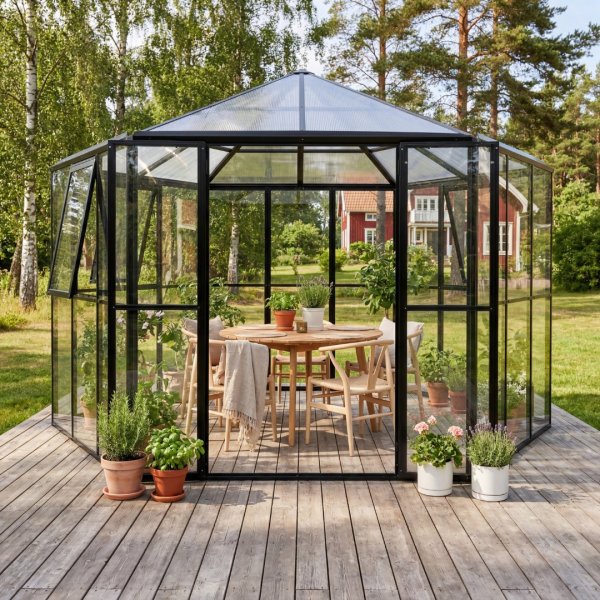 Frittst�ende drivhus Miranda V.2 9 m� herdet glass svart - Gardeney + Drivhusbord