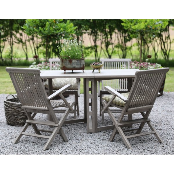 Spisegruppe Salt gr teak: Klaffbord inkl. 4 stk. Salt karmstoler i gr teak