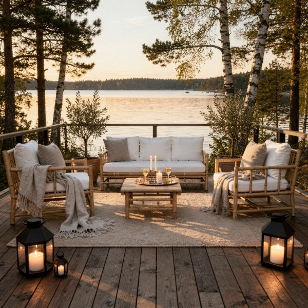 Loungegruppe Natur med hvite puter og bord - Bakg�rd