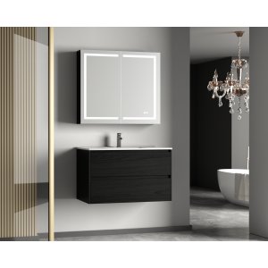Baderomsm�bel 80 cm svart tre med LED-speilskap og keramisk vask