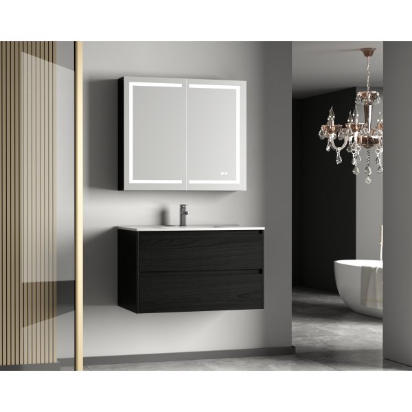 Baderomsm�bel 80 cm svart tre med LED-speilskap og keramisk vask