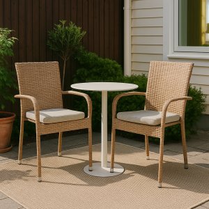 Majken stabelbar utestol med pute - Naturfarget syntetisk rotting med beige sittepute Majken stabelbar utestol med pute - Naturfarget syntetisk rotting med beige sittepute