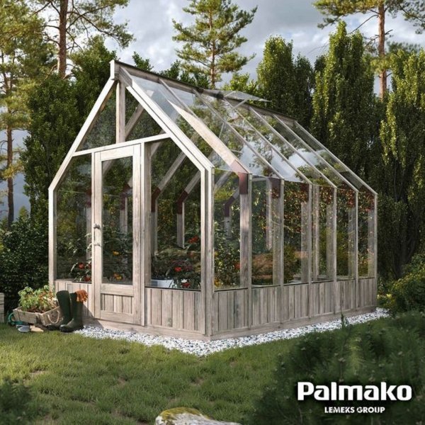 Drivhus Emilia med fundament 8,2 m  Grbehandlet tre - Herdet glas