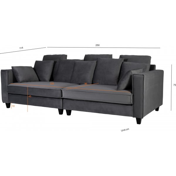 Sofa 250 cm bred mørkegrå fløyel 114 cm dyp Sofa 250 cm bred mørkegrå fløyel 114 cm dyp
