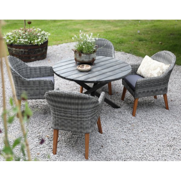 Spisegruppe Mercury: Scottsdale rundt bord inkl. 4 stk. Valetta lenestoler i grå kunstrotting Spisegruppe Mercury: Scottsdale rundt bord inkl. 4 stk. Valetta lenestoler i grå kunstrotting