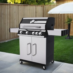 Gassgrill i rustfritt stål med sidebrenner | Lokk med glassvindu | Kansas Gassgrill i rustfritt stål med sidebrenner | Lokk med glassvindu | Kansas