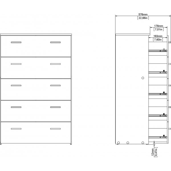 Space kommode hvit med 5 skuffer, bredde 74 cm og h�yde 115 cm