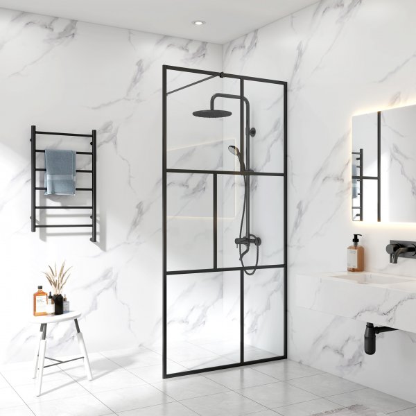 Dusjvegg 80×200 cm - svarte stenger og 6 mm sikkerhetsglass Dusjvegg 80×200 cm - svarte stenger og 6 mm sikkerhetsglass