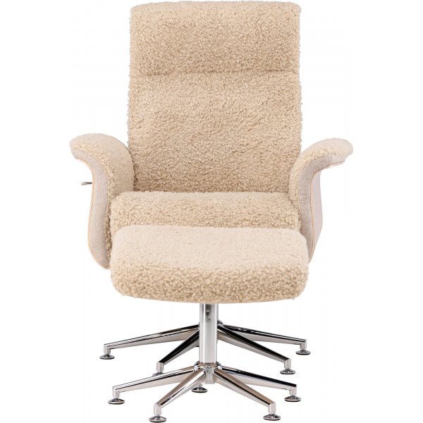 Lenestol med fotskammel Hag�n - beige teddy hvitvasket