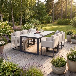 Spisegruppe 6 stoler + bord 215 cm + gr�/svart utend�rs spisegruppe